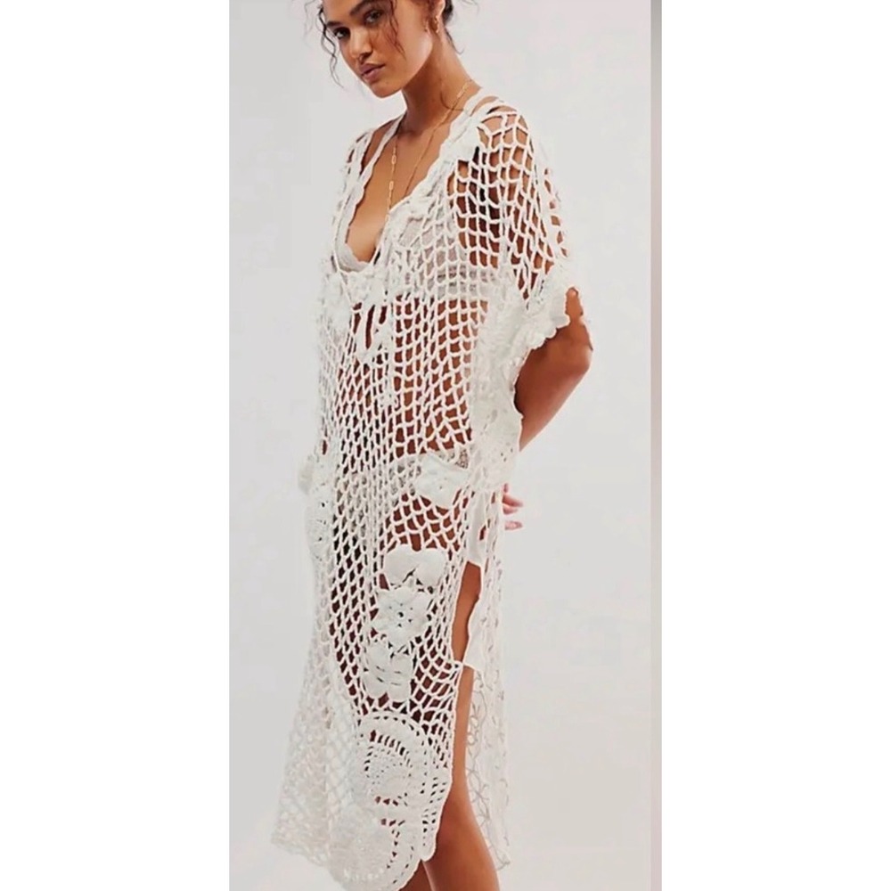 Intimately Free People White Crochet Away Eyelet Lace Kaftan Cover Up Dress XS/S